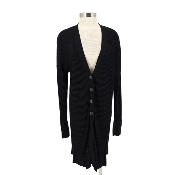 John + Jenn Sweaters - John + Jenn Tunic Sweater Cardigan Black Long Sleeve Rib Knit VNeck Button Large